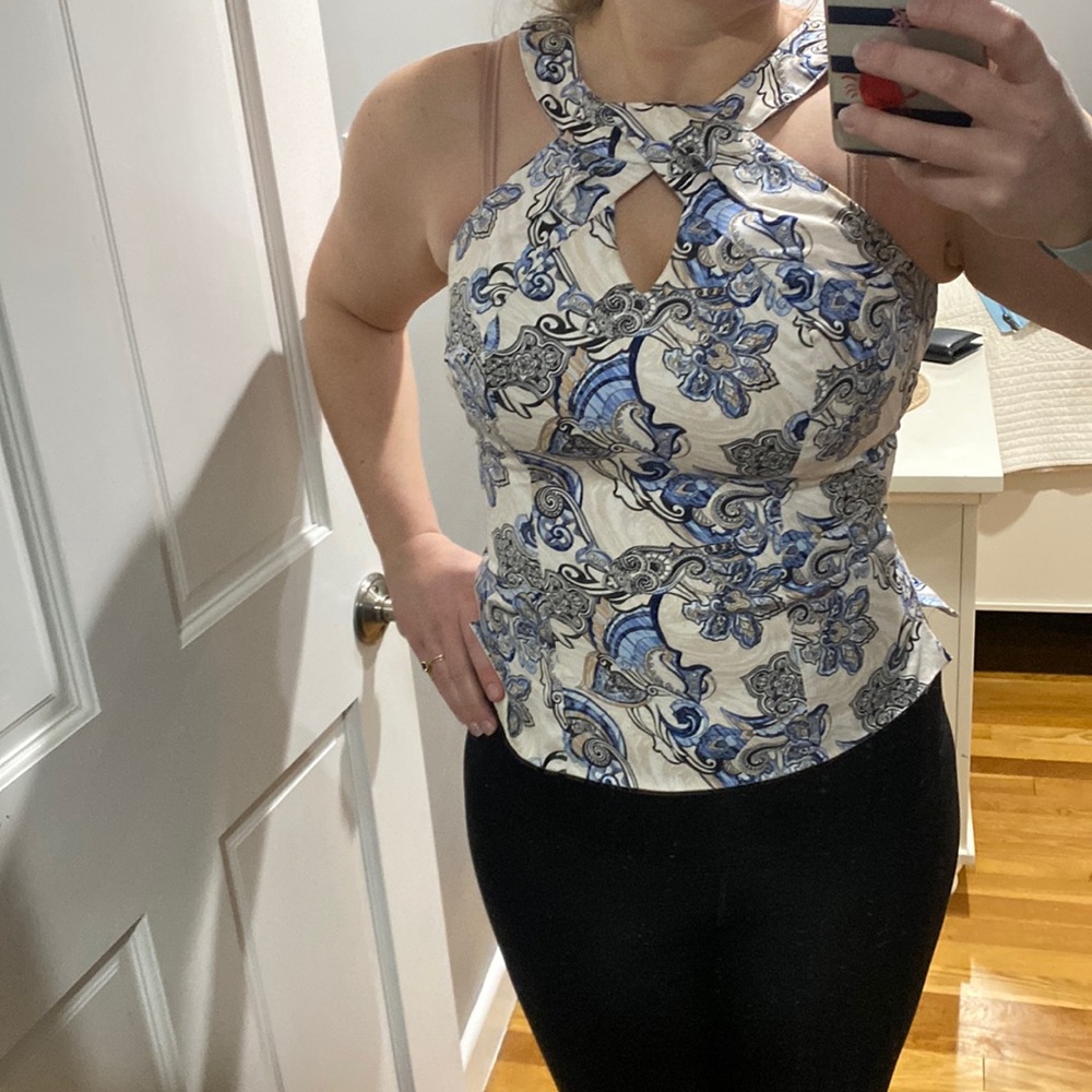 White House Black Market - Blue/Tan/Black Paisley Cutout Halter Top - Size 0